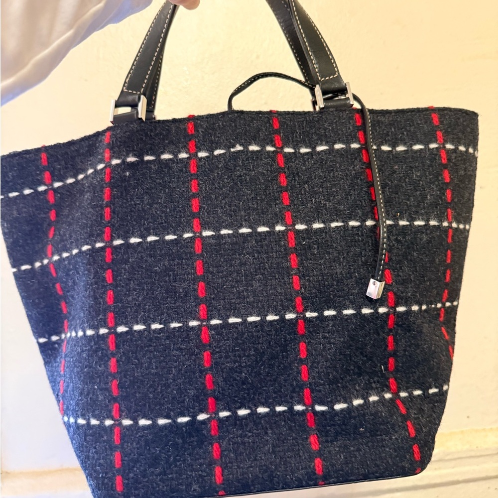 Kate Spade Navy blue and Red Plaid Wool Tote - Picture 2 of 10